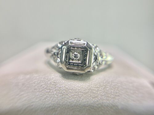 Art Deco 18k White Gold Round Single Cut Diamond Filigree Small Engagement Ring