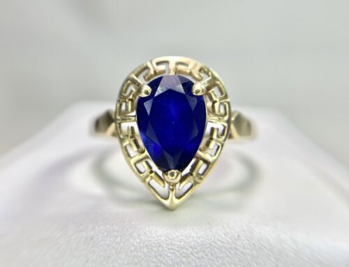 Vintage 10k Yellow Gold Pear Shape Blue Sapphire Solitaire Filigree Ring