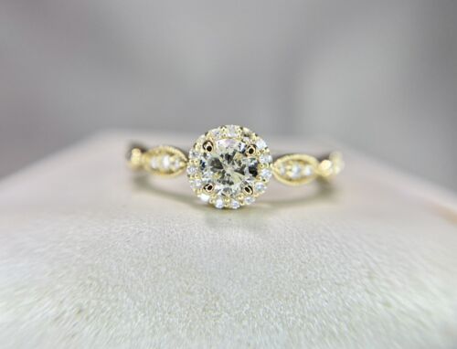 14k Yellow Gold Designer Natural Round Brilliant Diamond Halo Engagement Ring