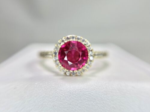 10k Yellow Gold Designer Signed Round Pink Sapphire Halo Engagement Ring