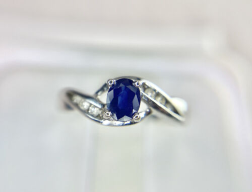 14k White Gold Natural Oval Blue Sapphire Round Diamond Small By-Pass Ring