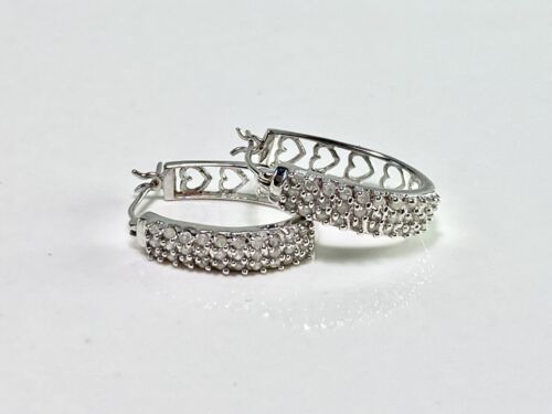 10k White Gold Natural Round Diamond Cluster Set Heart Half Hoop Earrings