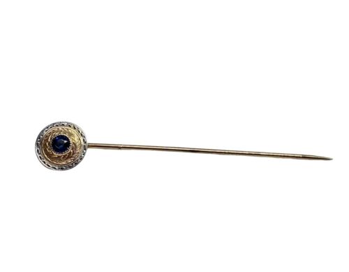 Vintage Art Deco 10k Yellow Gold Round Blue Sapphire Stick Pin