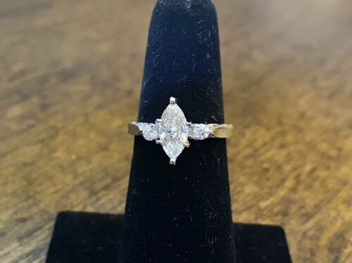 Vintage 14k White Gold Natural Marquise Round Diamond Engraved Engagement Ring