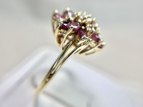 Vintage 14k Yellow Gold Natural Round Brilliant Diamond Red Garnet Cocktail Ring