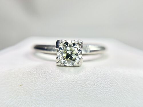 Art Deco Palladium Natural Round Old European Diamond Solitaire Engagement Ring