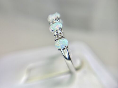 10k Designer Oval Shape White Opal Round Natural Diamond Band Ring