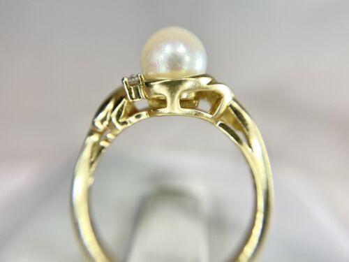 Vintage 14k Yellow Gold White Round Cultured Pearl Diamond By-Pass Ring 