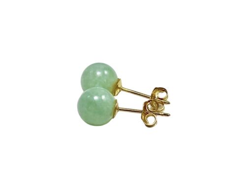 Vintage 14k Yellow Gold Round Circle Light Green Jade Stud Earrings