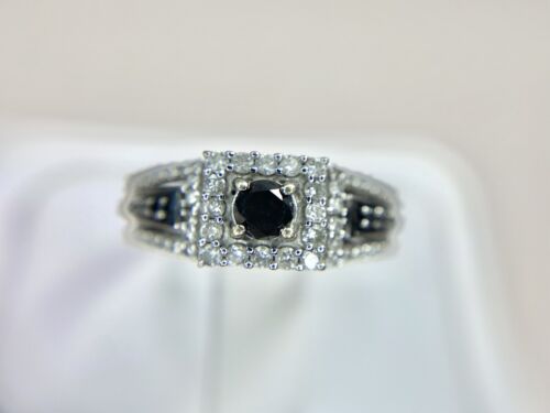 10k White Gold Designer Natural Round Black Diamond Halo Engagement Ring