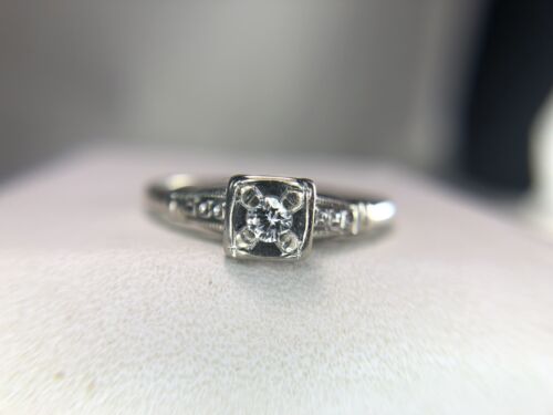 Vintage 14k White Gold Round Brilliant Natural Diamond Small Engagement Ring