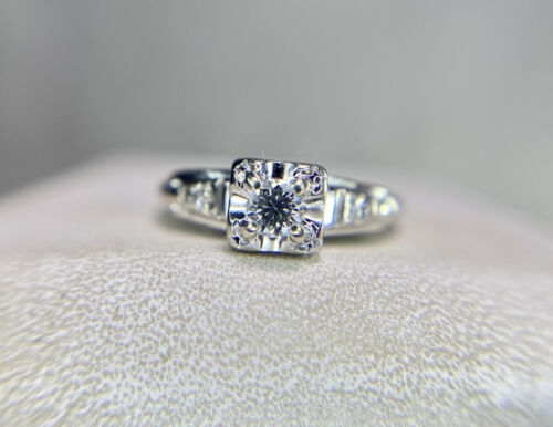 Vintage Art Deco 14k white Gold Natural Round Diamond Small Engagement Ring