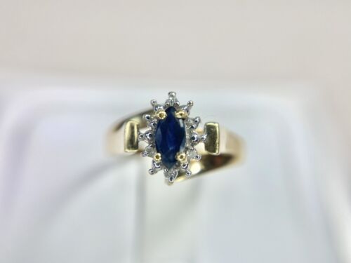 Vintage 14k Yellow Gold Natural Marquise Blue Sapphire Round Diamond Halo Ring