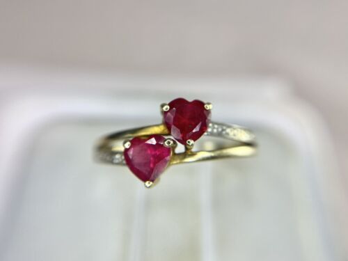 Vintage 10k Yellow Gold Lab Created Heart Shape Red Ruby  Diamond Cocktail Ring