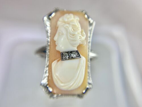 Art Deco 14k White Gold Pink Lady Cameo Round Diamond Filigree Cocktail Ring