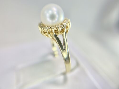 Vintage 14k Yellow Gold White Round Pearl Single Cut Diamond Halo Ring