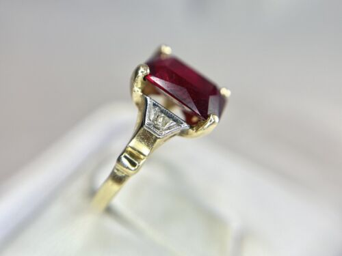 Vintage Deco 10k Yellow Gold Emerald Cut Rhodolite Garnet Round Diamond Ring