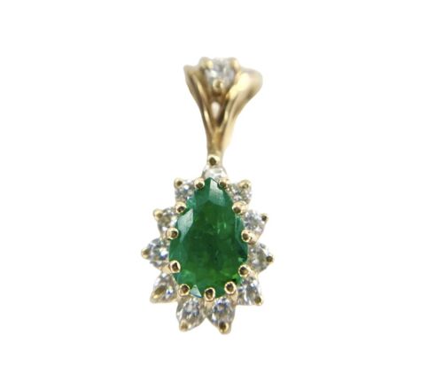 Vintage 14k Yellow Gold Natural Pear Shape Green Emerald Round Diamond Pendant