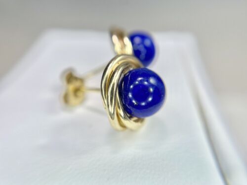 Vintage 14k Yellow Gold Handcrafted Natural Round Lapis Lazuli Stud Earrings