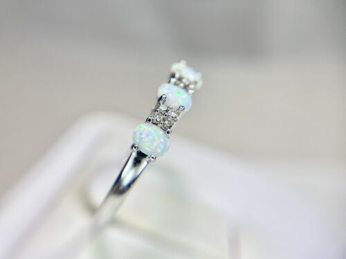 10k Designer Oval Shape White Opal Round Natural Diamond Band Ring