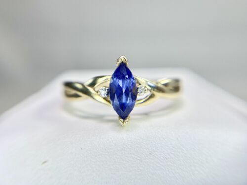 Vintage 10k Yellow Gold Marquise Blue Sapphire Round Natural Diamond Ring