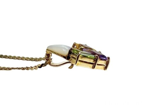 Vintage 14k Yellow Gold Mother of Pearl Amethyst Peridot Pendant Necklace