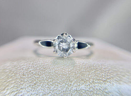 Vintage 10k White Gold Natural Round Rustic Diamond Solitaire Engagement Ring