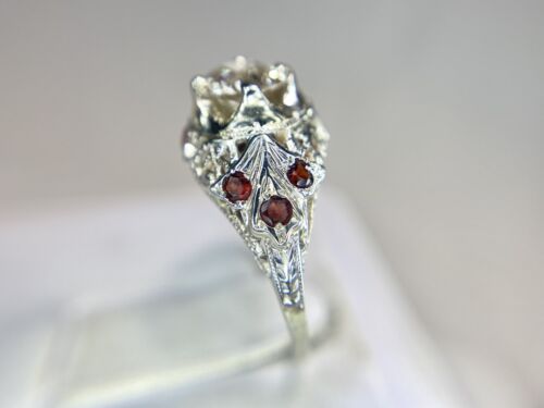 Art Deco 18k White Gold Old European Diamond Rhodolite Garnet Filigree Ring