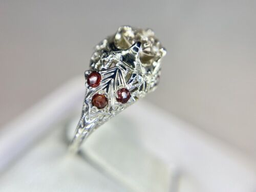 Art Deco 18k White Gold Old European Diamond Rhodolite Garnet Filigree Ring