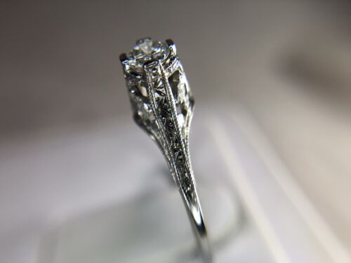 Vintage Art Deco 18k White Gold Round Natural Diamond Filigree Engagement Ring 