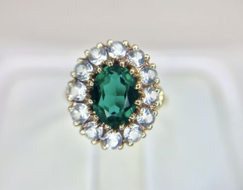 Vintage 10k Yellow Gold Oval Green Emerald Cubic Zirconia Cocktail Ring