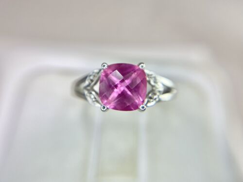 Vintage 10k White Gold Cushion Checkerboard Pink Topaz Round Diamond Ring