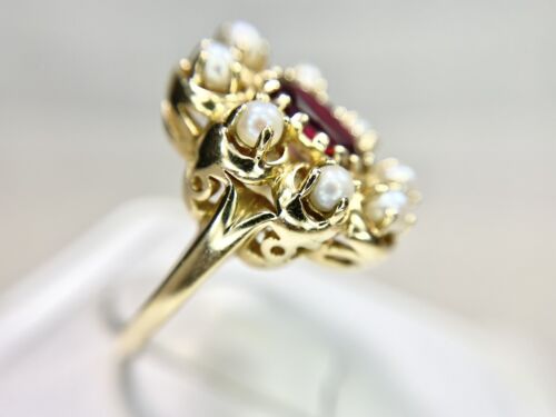 Vintage 14k Yellow Gold Natural Oval Rhodolite Garnet Pearl Big Cocktail Ring