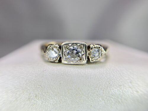 Art Deco 18k Yellow Gold Platinum Old European Diamond 3 Stone Engagement Ring