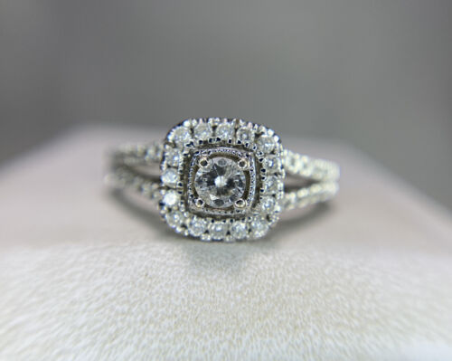 14k White Gold Designer Round Brilliant Diamond Halo Engagement Ring 1/2 ct