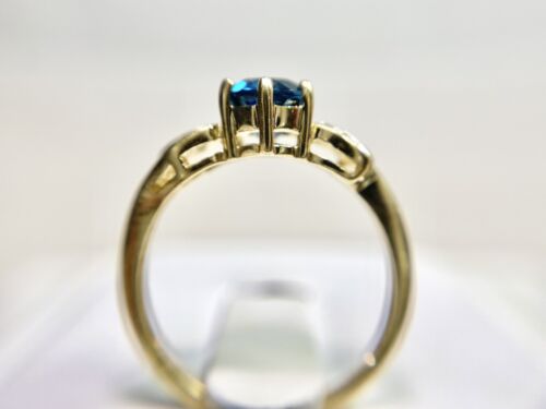 Vintage 10k Yellow Gold Signed Oval Blue Topaz Round Single Cut Diamond Ring