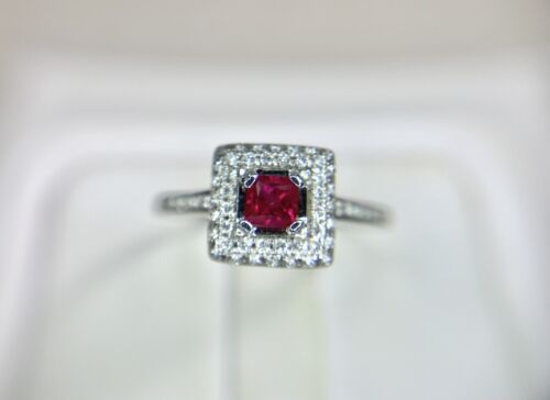 14k White Gold Natural Square Red Ruby Round Diamond Pave Halo Ring