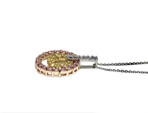 14k White Gold Natural Pink Topaz Round Diamond Circle Pendant Necklace