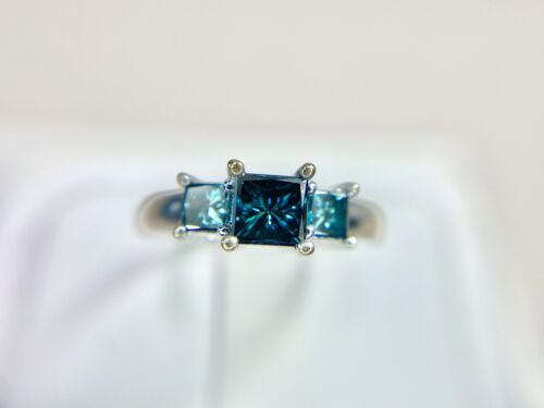 14k White Gold Natural Fancy Blue Color Princess Cut Diamond Engagement Ring