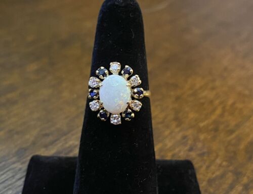 Vintage 14k Yellow Gold Oval White Opal Round Blue Sapphire Diamond Ring