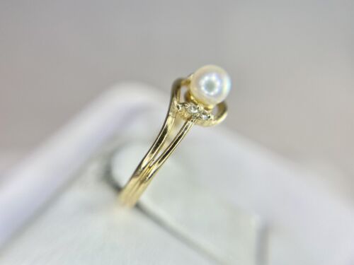 Vintage Style 10k Yellow Gold White Cultured Pearl Small Diamond Ring Size 3.75