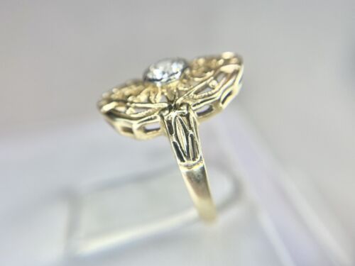 Art Deco 14k Yellow Gold Old European Diamond Filigree Shield Engagement Ring 