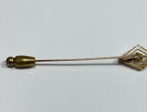 Art Deco 14k Yellow Gold Natural Old European Diamond Filigree Leaf Stick Pin