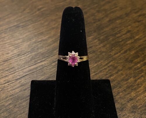 Vintage 14k Yellow Gold Natural Oval Red Ruby Round Diamond Halo Ballerina Ring