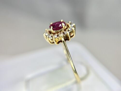 Vintage 14k Yellow Gold Oval Red Ruby Round Diamond Halo Small Cocktail Ring