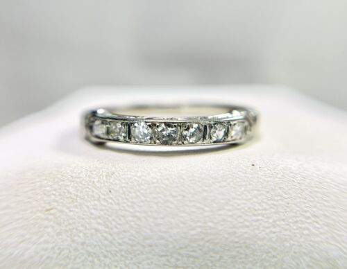 Art Deco 18k White Gold Natural Round Single Cut Diamond Wedding Band Ring