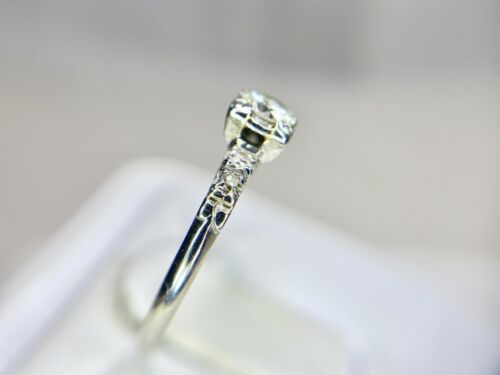 Vintage Art Deco 18k White Gold Natural Old Cut Round Diamond Engagement Ring