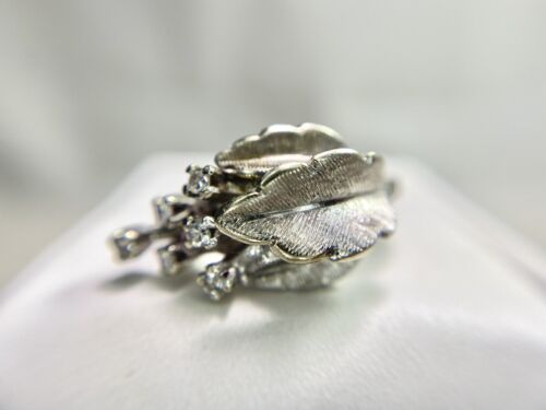 Art Deco 14k White Gold Natural Round Single Cut Diamond Leaf Cocktail Ring