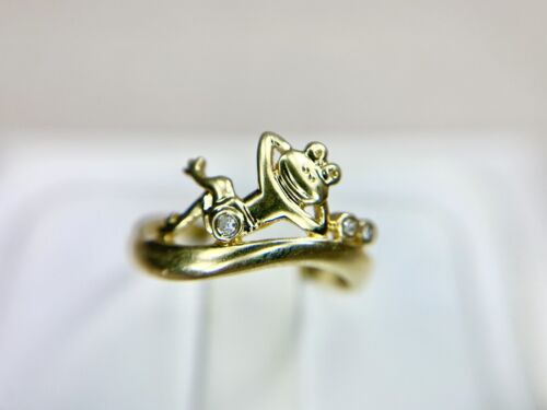 Vintage 14k Yellow Gold Designer Round Brilliant Natural Diamond Frog Ring