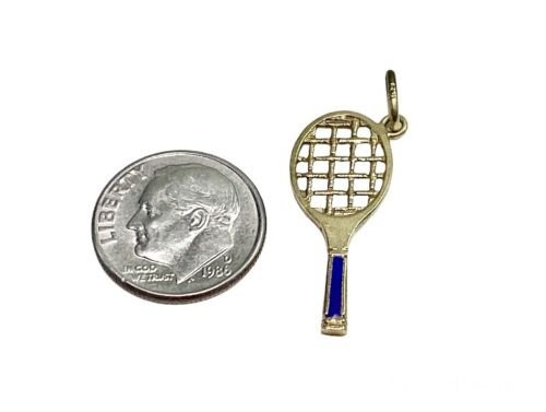 Vintage 14k Yellow Gold Handcrafted Blue Tennis Racket Charm Pendant